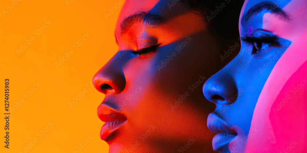 Two Female Profiles in Red and Blue Light Two Female Profiles in Red and Blue Light