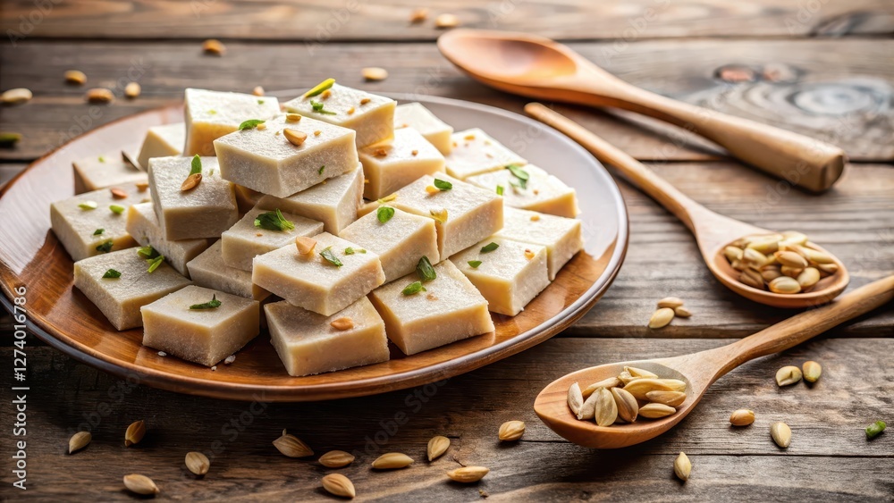 Fototapeta premium Rich, creamy kaju katli sweet spread on a white plate with a wooden spoon and garnished with chopped nuts