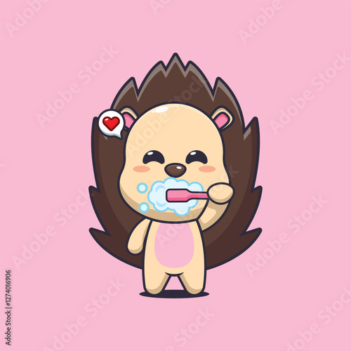 hedgehog mascot cartoon character vector illustration brushing teeth