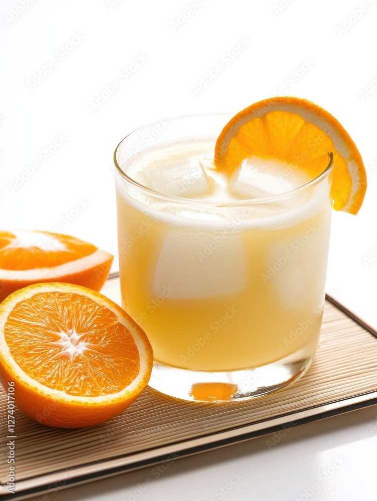 Refreshing orange juice with ice and citrus garnish on wooden tray. Refreshing orange juice with ice and citrus garnish on wooden tray.