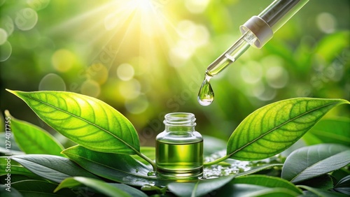 A droplet of clear serum is placed on a leafy green tea extract, with the liquid gently seeping into the natural ingredients, Natural Products, Botanicals photo