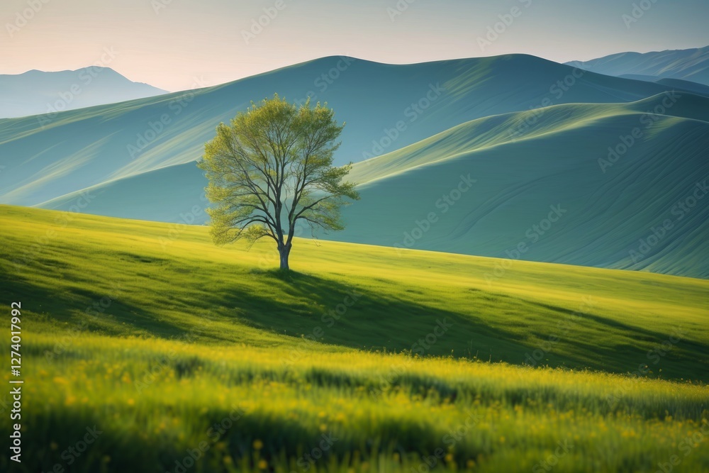 Naklejka premium there is a lone tree in a field of green grass