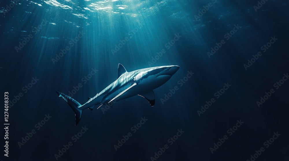 Fototapeta premium A blacktip reef shark mid-swim, ultra-realistic, deep sea blue gradient