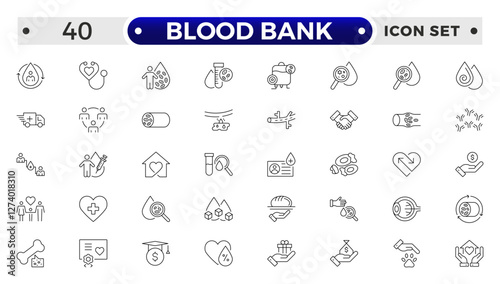 Blood Bank outline icon set with blood, donation, plasma, platelets, hemoglobin, apheresis, phlebotomy, transfusion, crossmatch blood bag, hearts, cute blood drop and rh factor.