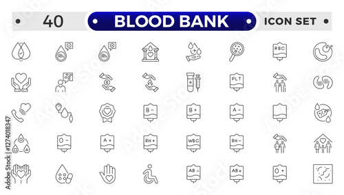 Blood Bank outline icon set with blood, donation, plasma, platelets, hemoglobin, apheresis, phlebotomy, transfusion, crossmatch blood bag, hearts, cute blood drop and rh factor.