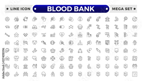 Blood Bank outline icon set with blood, donation, plasma, platelets, hemoglobin, apheresis, phlebotomy, transfusion, crossmatch blood bag, hearts, cute blood drop and rh factor.