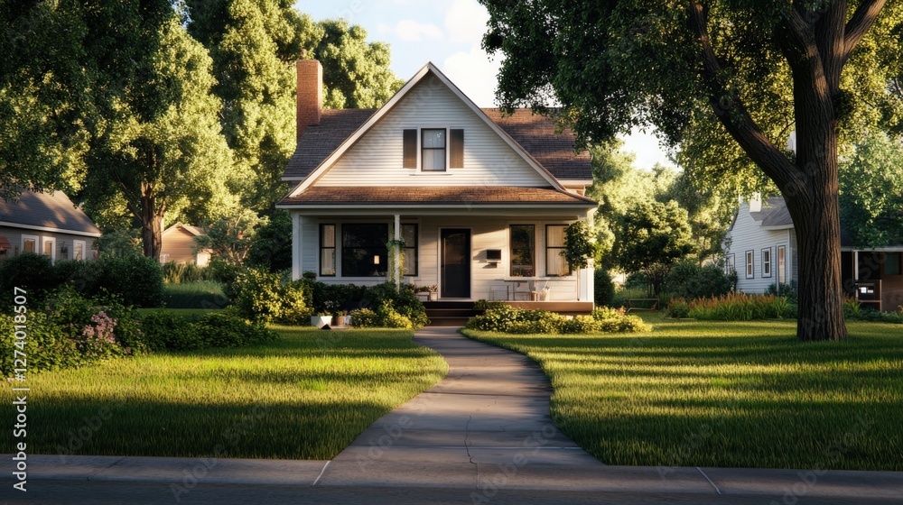 Charming white house in lush green suburban neighborhood with tree-lined pathway in sunlight Charming white house in lush green suburban neighborhood with tree-lined pathway in sunlight