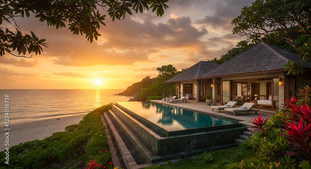Fototapeta premium Beautiful poolside and sunset sky. Luxurious tropical beach landscape, deck chairs and loungers and water reflection generative ai