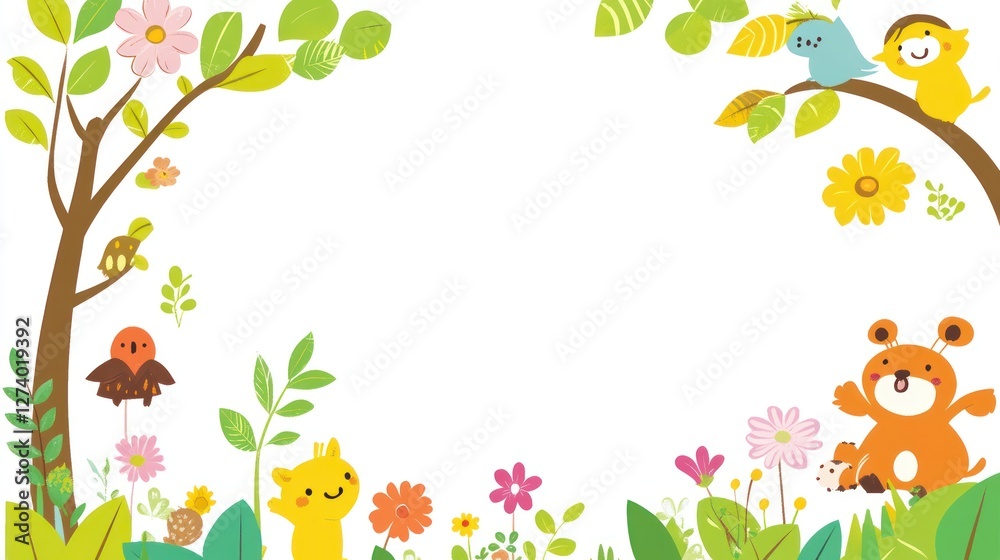 Obraz premium Cute cartoon animals in a spring garden