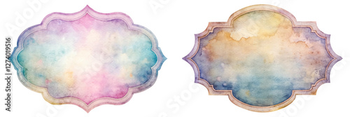 Soft watercolor frames, pastel color palette, decorative shapes, artistic backgrounds, perfect for invitations, elegant designs.