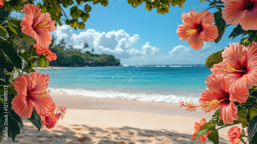 Summer wallpaper of vibrant hibiscus flowers framing a view of a sandy beach