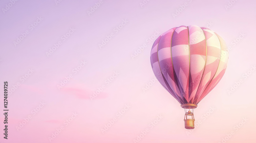 Obraz premium A hot air balloon with abstract geometric patterns in earthy tones, floating in a calm lavender sky