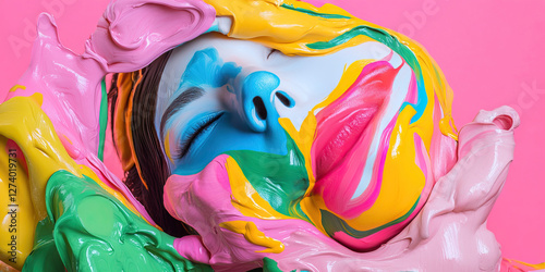 Woman's Face Partially Covered in Multicolored Glossy Paint