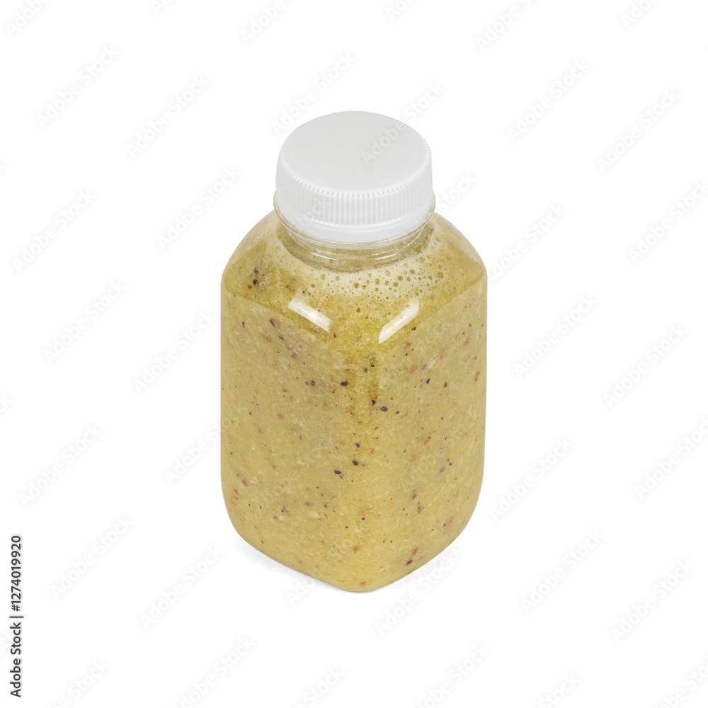 A small mustard bottle with a white lid on a white background