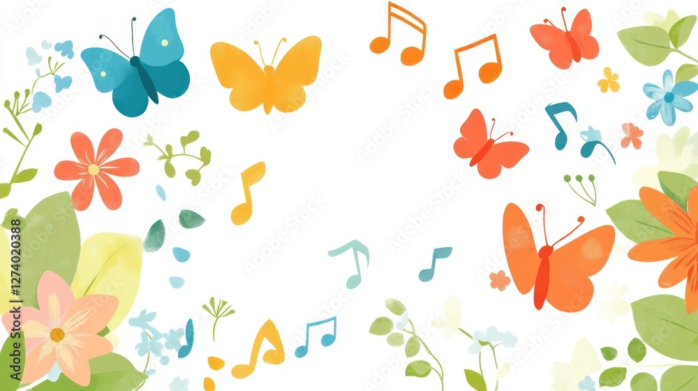 Obraz premium Floral Music Background, Butterflies, Springtime, Decor, Soft Colors, Cute design
