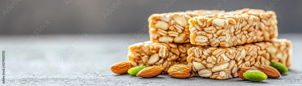 Delicious energy bars made from oats and nuts, stacked neatly with almonds and green seeds nearby, ideal for a nutritious snack. Delicious energy bars made from oats and nuts, stacked neatly with almonds and green seeds nearby, ideal for a nutritious snack.