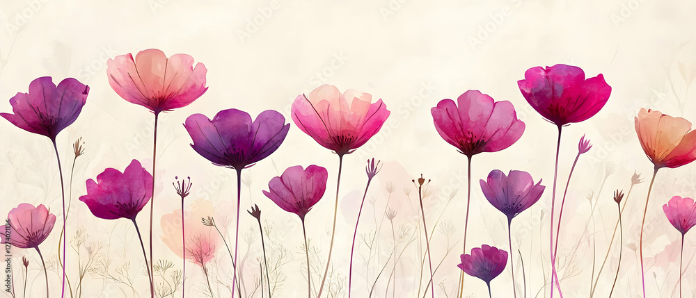 Obraz premium Pink purple flowers field, soft background, nature art, wall decor