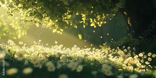 A serene countryside field covered in white and yellow daisies, featuring a close-up of a clustered patch gently bathed in soft daylight. photo