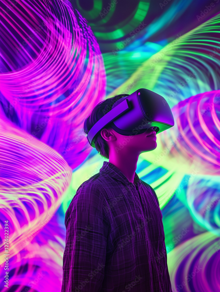 Fototapeta premium Exploring virtual reality with vibrant light patterns in a futuristic setting