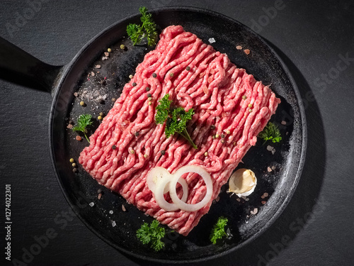 Minced meat with pepper, salt, onion and parsley leaves in a pan, top view, studio shot photo