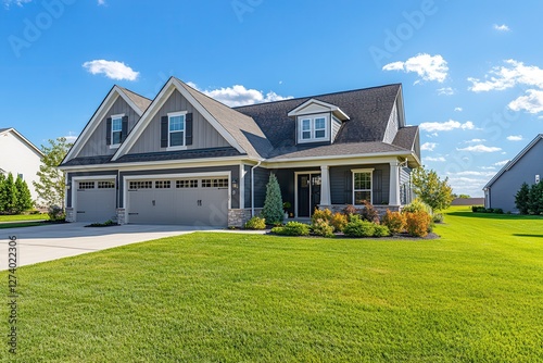 Modern Suburban Home With Sharp Architectural Details in Illinois. Generative AI