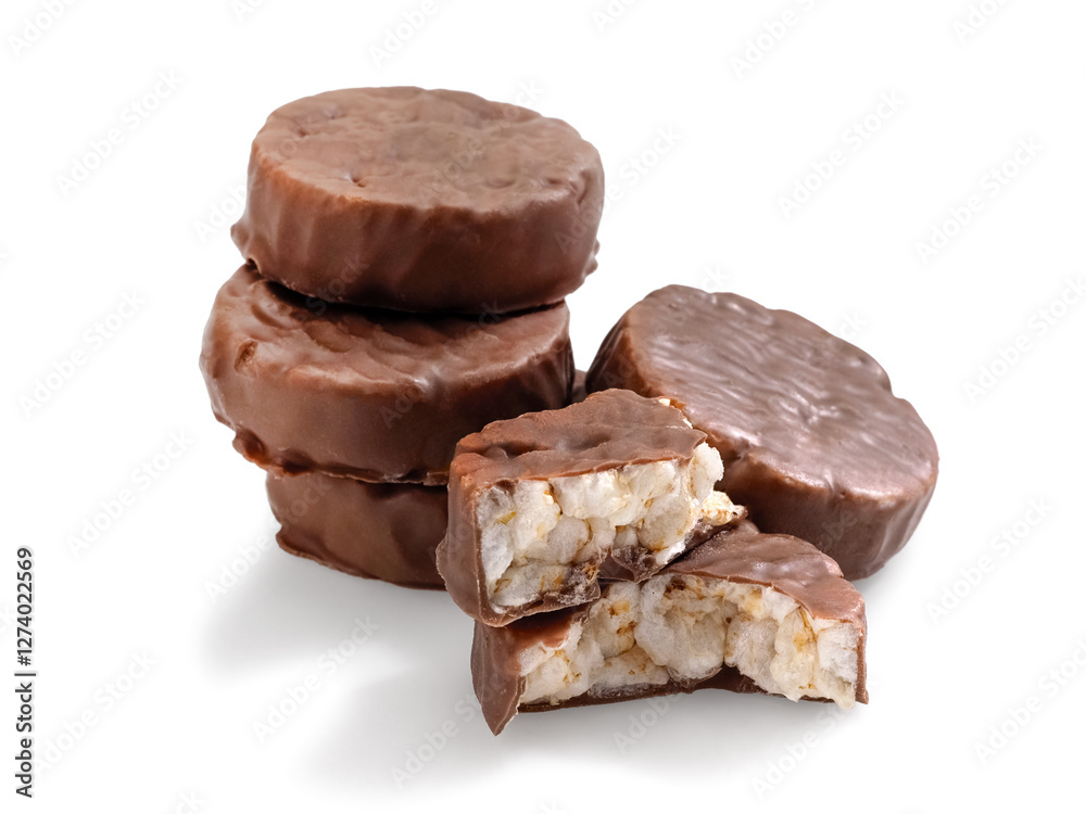 Rice cakes covered with chocolate, close up, studio shot Rice cakes covered with chocolate, close up, studio shot