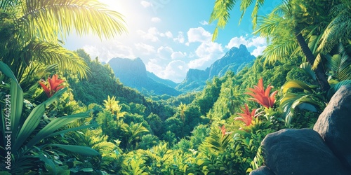 A vibrant tropical paradise bathed in golden sunlight filters through white clouds above lush greenery, casting warm light across vivid flora photo