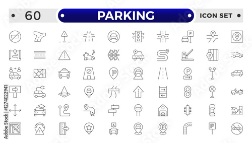 parking outline icons related to road, street, drive, crosswalk, highway, traffic, lights, gps, bridge, roundabout, directions, barrier.