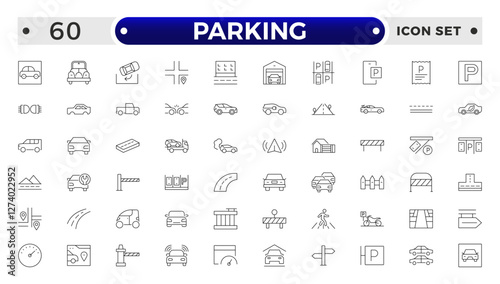 parking outline icons related to road, street, drive, crosswalk, highway, traffic, lights, gps, bridge, roundabout, directions, barrier.