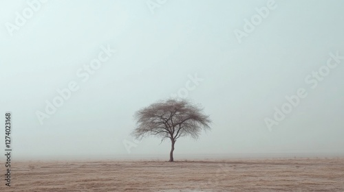 Lonely tree in foggy field photo