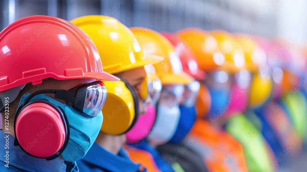 Fototapeta premium Workers in colorful helmets and masks lined up, showcasing safety gear for industrial or construction environments.