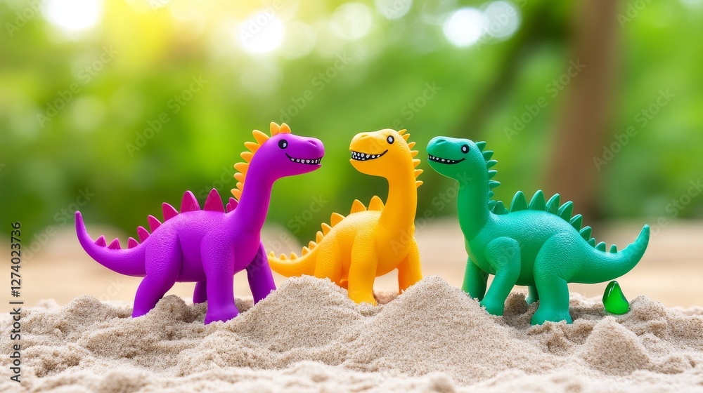 Colorful Dinosaur Toys in Sand - Three playful dinosaur toys, purple, yellow, and green, stand in sand against a blurred green background Colorful Dinosaur Toys in Sand - Three playful dinosaur toys, purple, yellow, and green, stand in sand against a blurred green background