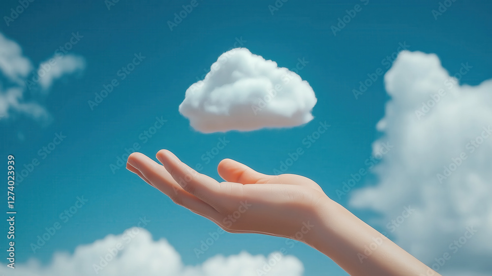 Hand Reaching for a Floating Cloud Against a Blue Sky Background