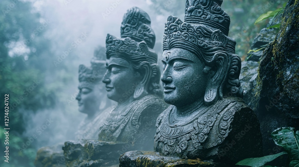 Serene Stone Statues Amidst Misty Jungle Landscape in Tranquil Setting Serene Stone Statues Amidst Misty Jungle Landscape in Tranquil Setting