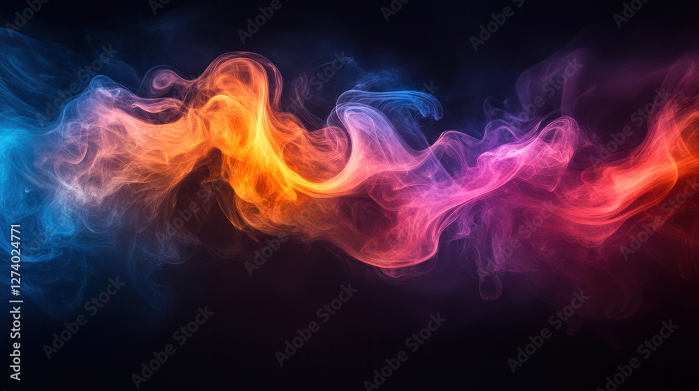 Fototapeta premium Abstract wallpaper of flowing smoke in vivid rainbow colors against a black void