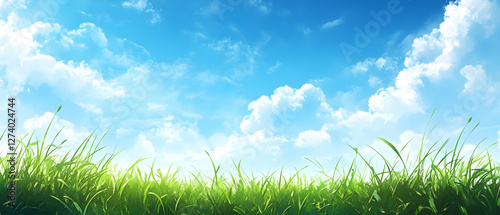 Sunny day, green grass, blue sky, clouds. Nature background