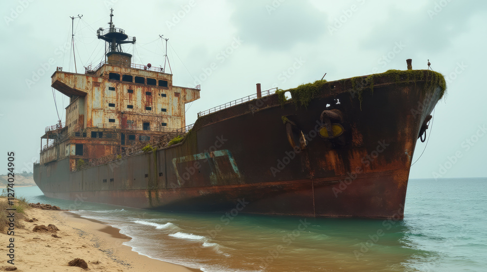 Abandoned Rusted Cargo Ship Partially Submerged in Shallow Waters Near a Deserted Coastline Abandoned Rusted Cargo Ship Partially Submerged in Shallow Waters Near a Deserted Coastline