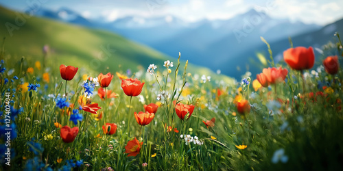 field of poppies A vibrant, cinematic shot of wildflowers, against a bright hills, with the camera capturing a slight movement