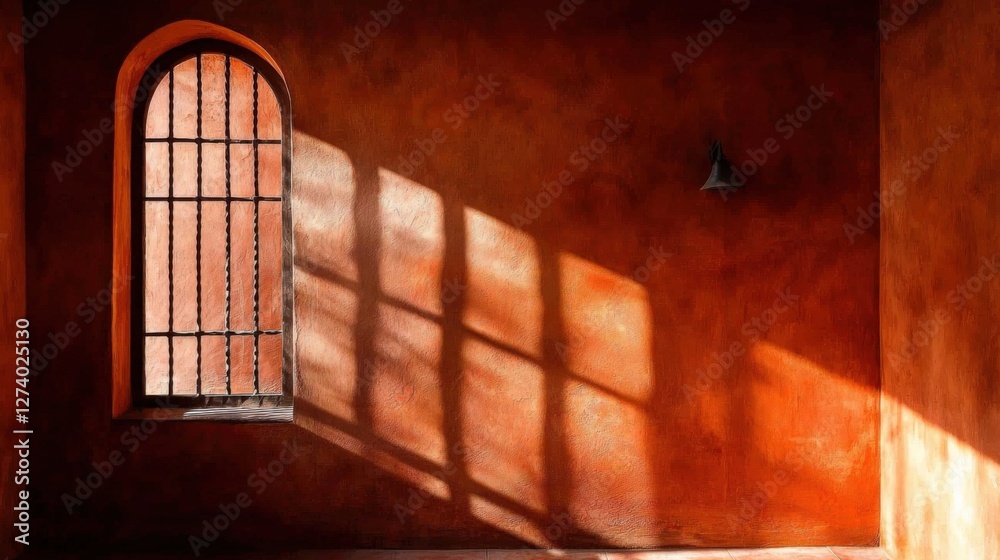 Obraz premium Warm Terracotta Interior with Unique Window and Shadow Play