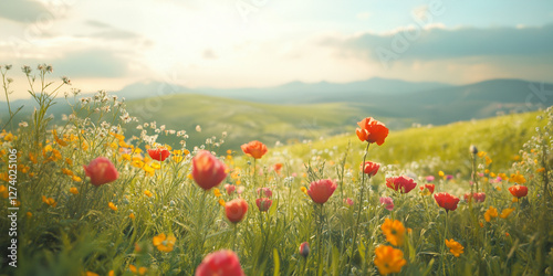 poppies in the field A vibrant, cinematic shot of wildflowers, against a bright hills, with the camera capturing a slight movement