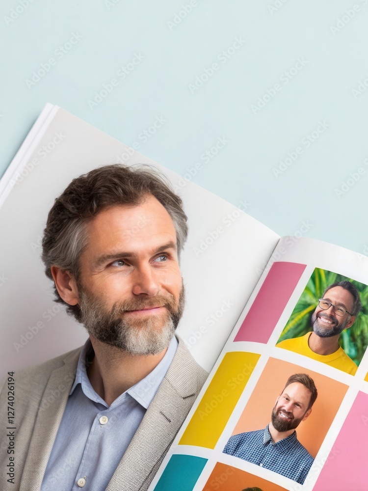 Fototapeta premium Confident mature caucasian male in magazine with diverse portrait gallery.