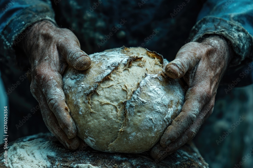 Rough hands hold a freshly baked sourdough bread, showcasing its rustic texture and the baker's craft. Rough hands hold a freshly baked sourdough bread, showcasing its rustic texture and the baker's craft.