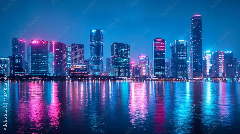 Fototapeta premium Vibrant Night Skyline of a Modern City with Colorful Neon Lights