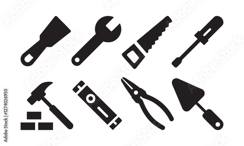 Vector Icons of Essential Construction and Repair Tools, silhouette, vector illustration