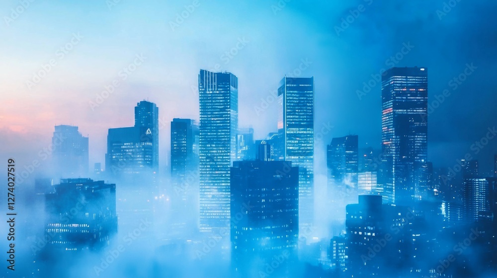 Obraz premium Modern City Skyline at Dawn with Fog and Blue Lighting Effects