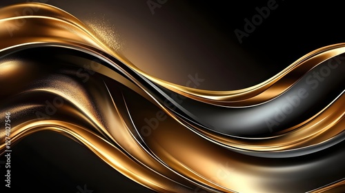 Elegant abstract design with flowing golden lines and shimmering particles on dark background