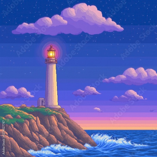 Pixel Art Serene Lighthouse on Rocky Coast Under Colorful Cloudy Sky at Dusk
