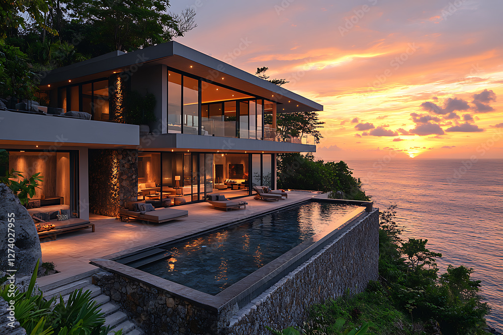 A stunning modern luxury villa with an infinity pool overlooking the ocean at sunset. The sleek architectural design, open-concept living space, and breathtaking view evoke elegance and exclusivity A stunning modern luxury villa with an infinity pool overlooking the ocean at sunset. The sleek architectural design, open-concept living space, and breathtaking view evoke elegance and exclusivity