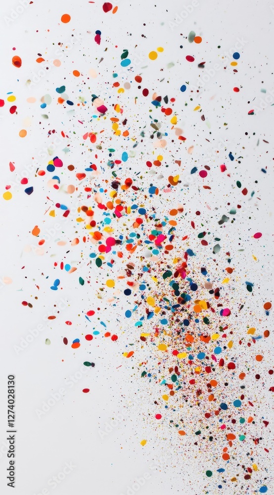Colorful dots scatter on a white surface, like confetti for a party invitation card Colorful dots scatter on a white surface, like confetti for a party invitation card