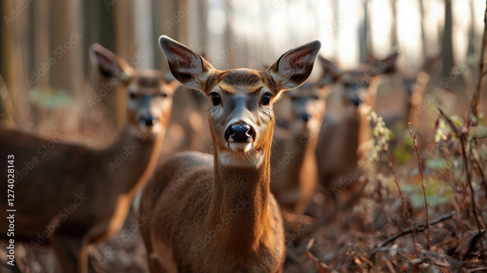 Deer Family Observing Their Surroundings in a Spring Forest Deer Family Observing Their Surroundings in a Spring Forest